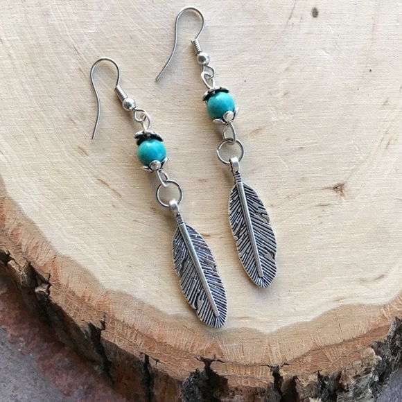 🔴Sale ! Turquoise silver leaf dangly earrings - Picture 6 of 11